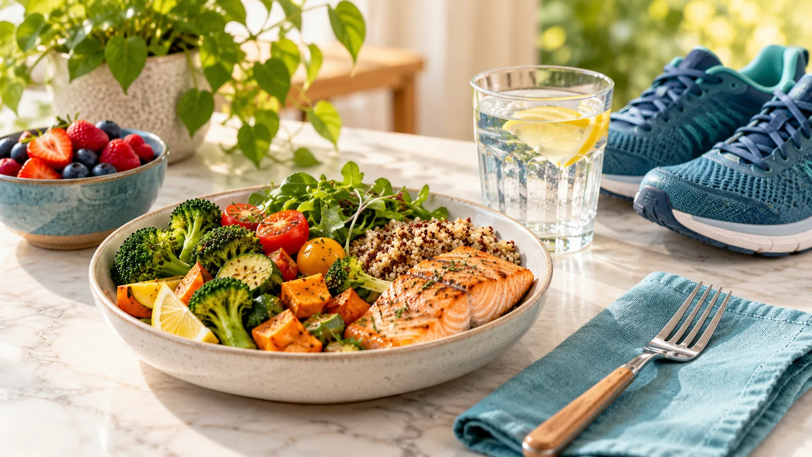 Balanced meal, activity and rest representing factors in metabolism and energy balance