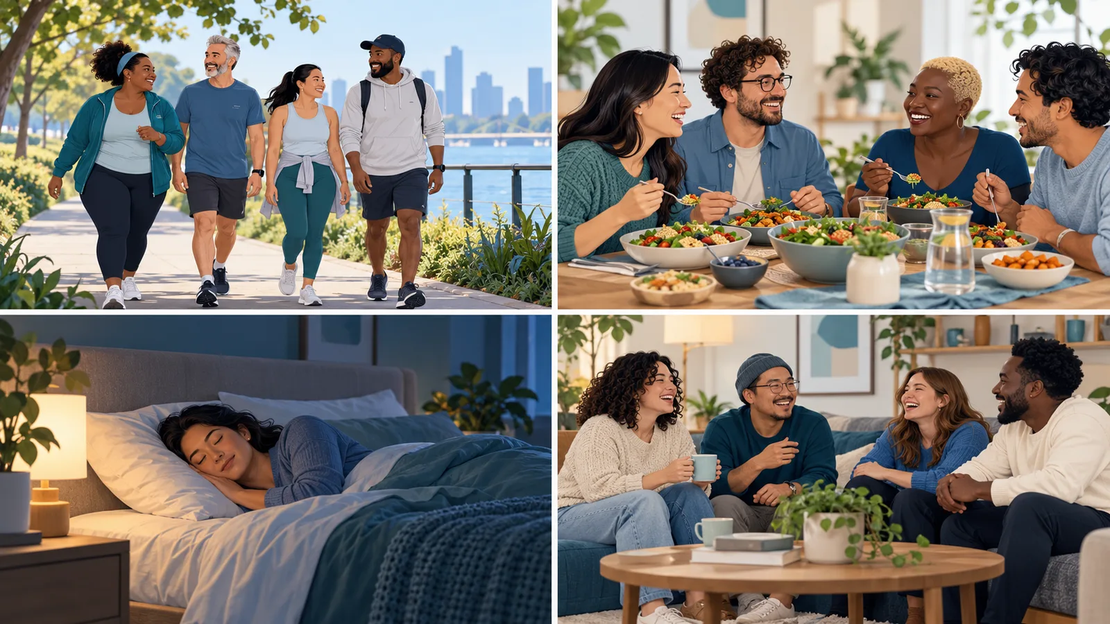 Illustration of balanced meals, physical activity and sleep as healthy everyday habits