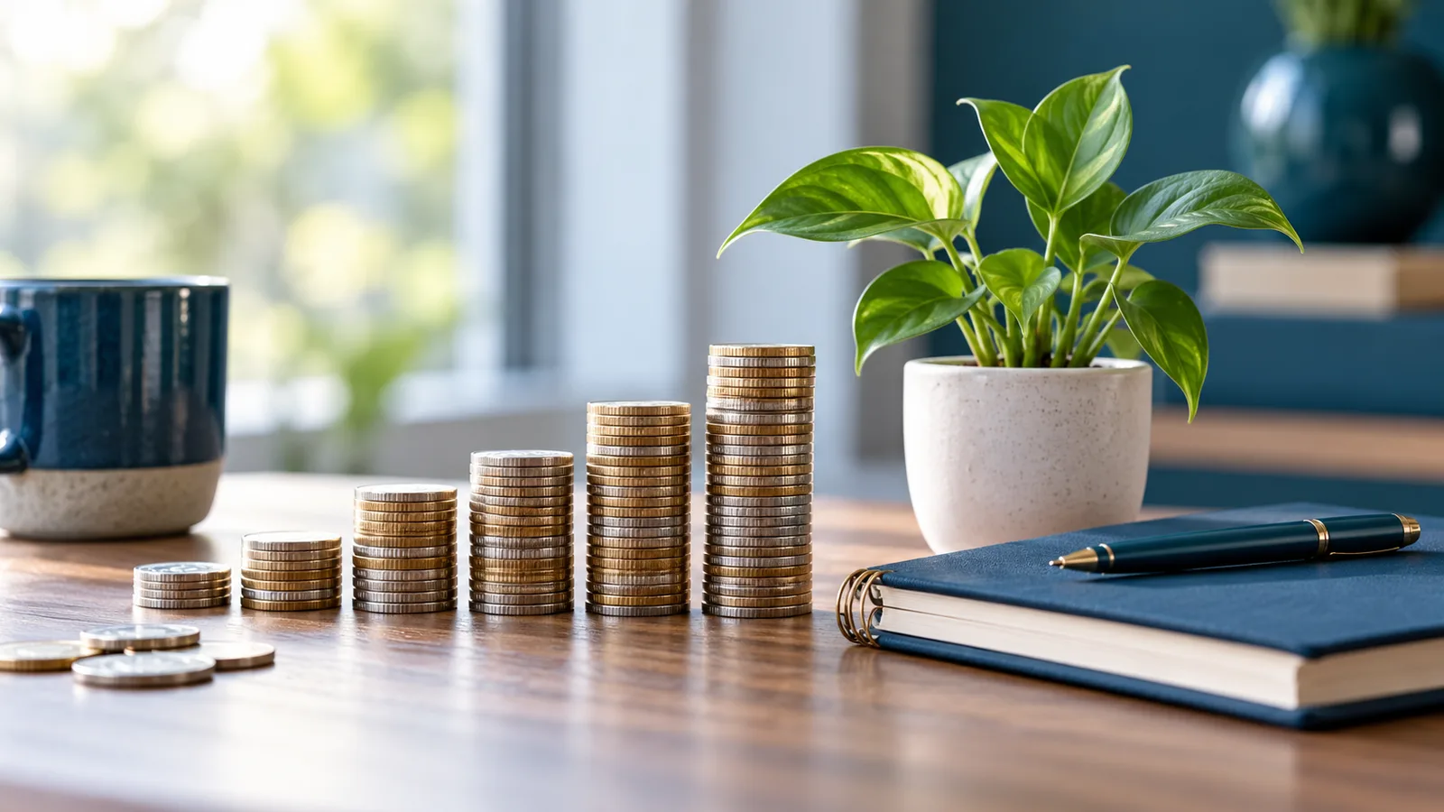 Coins and growing savings representing the long-term effect of compound interest