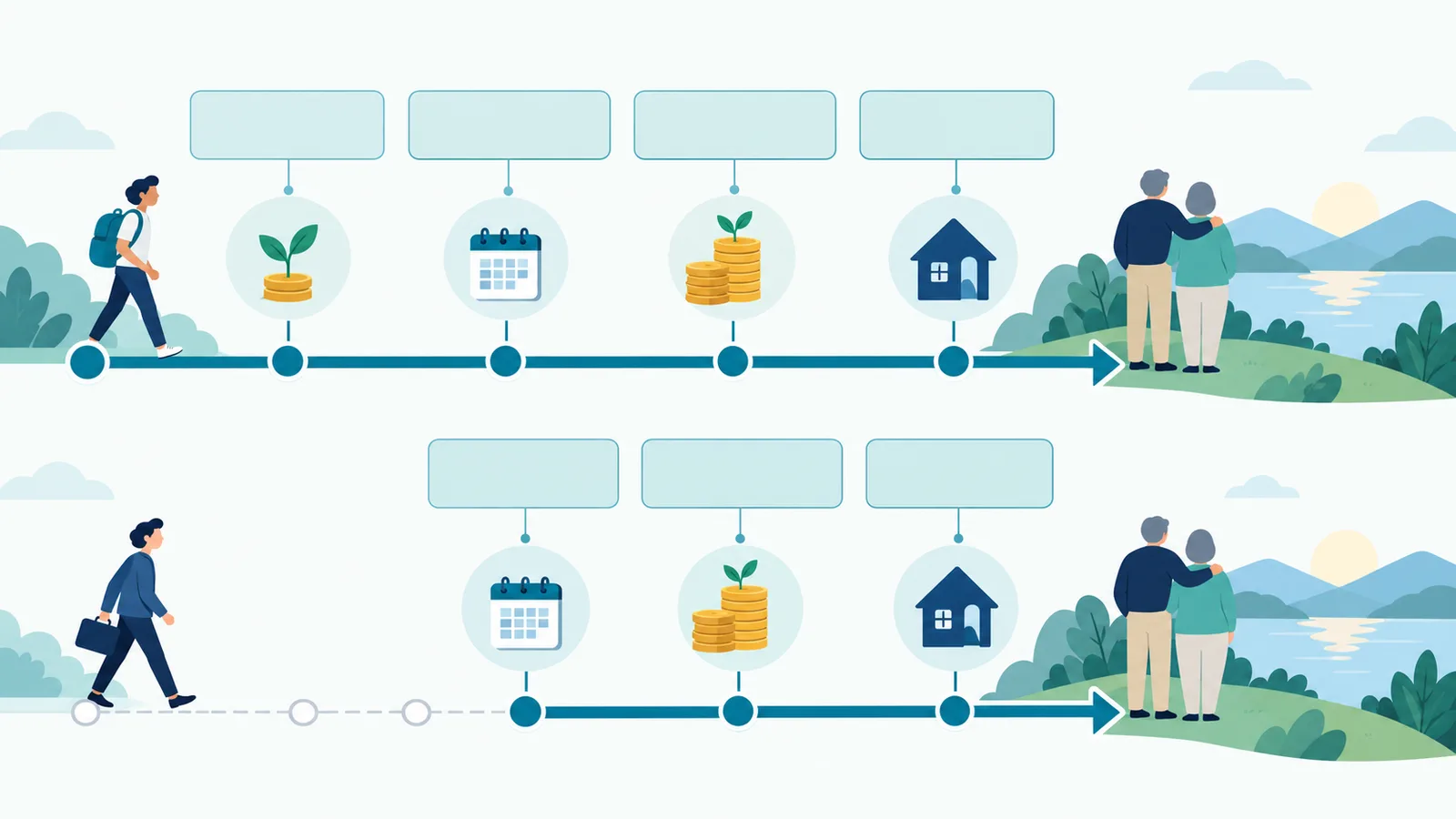 Two illustrated saving timelines comparing earlier and later starts